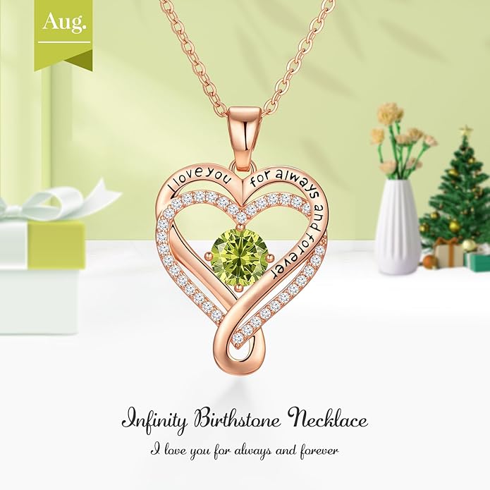 Infinity Love Heart Birthstone Necklace for Women Wife, S925 Sterling Silver Anniversary for Women Wife Birthday Gift for Her Girlfriend Mom Daughters, I Love You Women's Jewelry 18k Rose Gold Filled