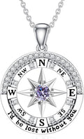 Compass Birthstone Necklace Gift for 2025 Graduation 925 Sterling Silver Compass ‘I'd be Lost Without You’ Pendant Necklaces Jewelry for Women Her Wife Gift for Birthday Anniversary