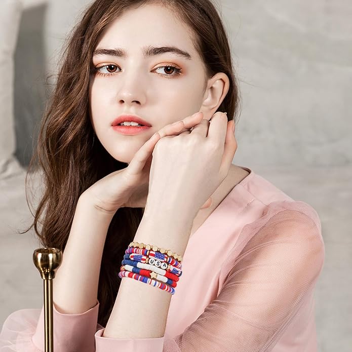 GOOJIDS Surfer Heishi Clay Bead Bracelets for Women Bohemian Stackable Gold Plated Beaded Stretch Bracelets Elastic Layering Friendship Bracelets Set Boho Jewelry