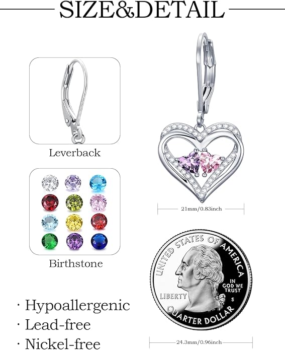 Valentines Day Gifts for Women, Heart Leverback Earrings Double Birthstone Dangle Earrings for Women, Love Jewelry for Her, Anniversary Birthday Gift for Mom Wife Girlfriend