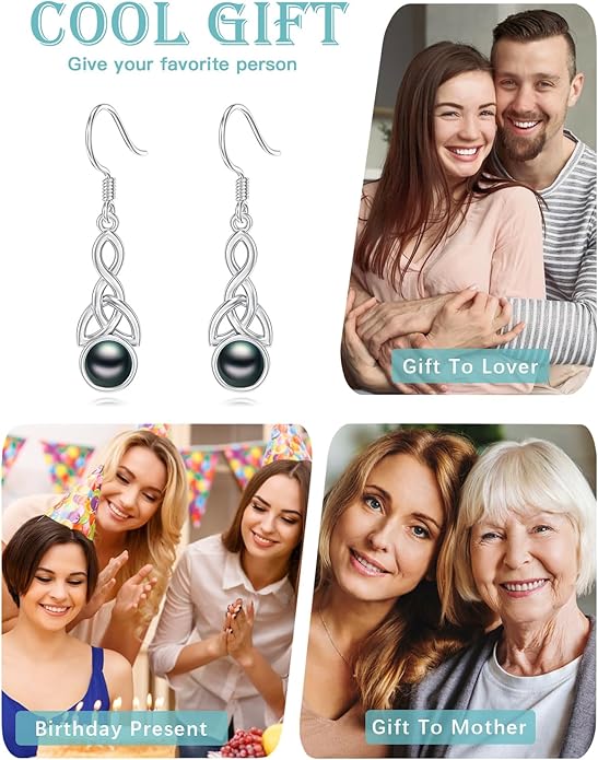 Tahitian Black Pearl Earrings Gifts for Women Wife Celtic Dangle Drop Earrings Wedding Birthday Anniversary Jewelry Valentines Christmas Day Gifts 925 Sterling Silver