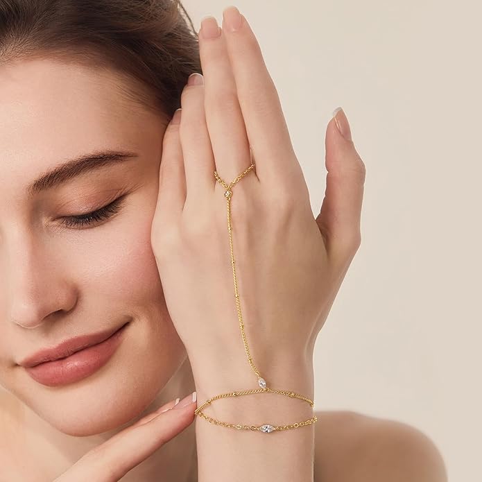 Cicy Bell Hand Chain 18k Gold Plated Bracelet for Women Trendy Teardrop Cubic Zirconia Adjustable Finger Ring Slave Dainty Bracelets Jewelry Gifts