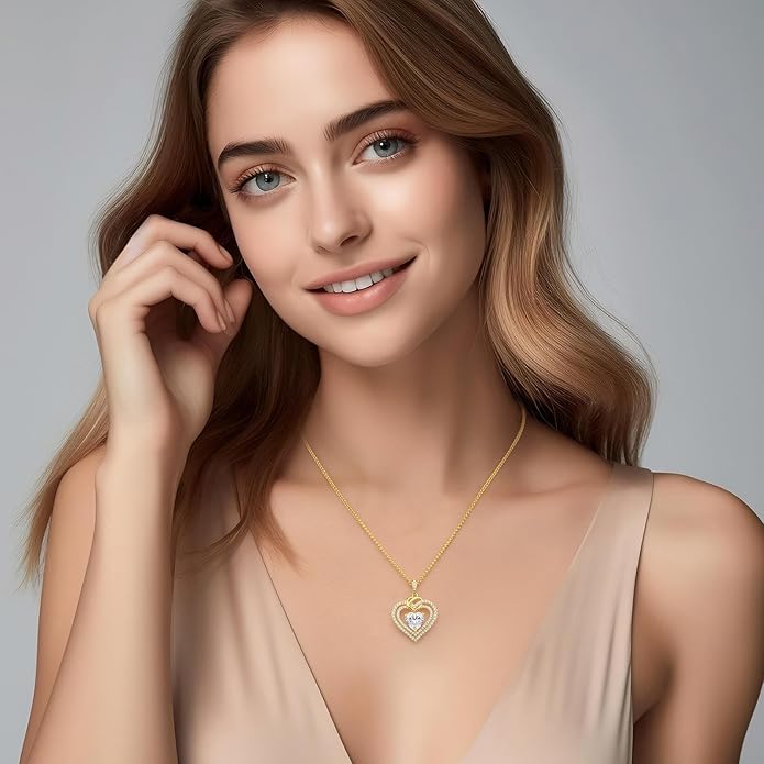 OOBEE Valentines Day Gift Moissanite Heart Necklaces for Women, 1- 4 Carat Moissanite 925 Sterling Silver 14K Gold Plated Pendant Necklace, Ideal Anniversary Birthday Christmas Mothers Day Jewelry Gifts for Mom Wife Her Girlfriend Daughter