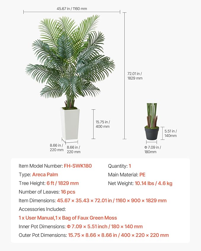 VEVOR Artificial Areca Palm Tree 6 ft, Fake Palm Tropical Plants - Image 7