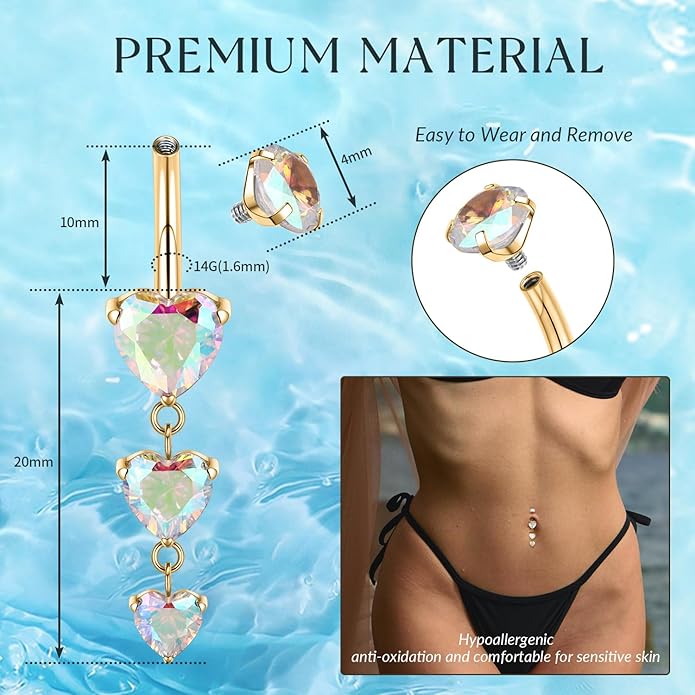 GAGABODY G23 Titanium Belly Button Ring Dangle Belly Rings Belly Piercing Jewelry 14G 3/8 inch 10mm Navel Barbell CZ Navel Piercing Ring