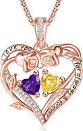 Rose Heart Necklaces for Women, Rose Gold Forever Love Jewelry with 2 Birthstones Pendant,Valentines Anniversarry Birthday Gifts for Her Wife Mom Grandma Daughter, 18+2 Inch Chain