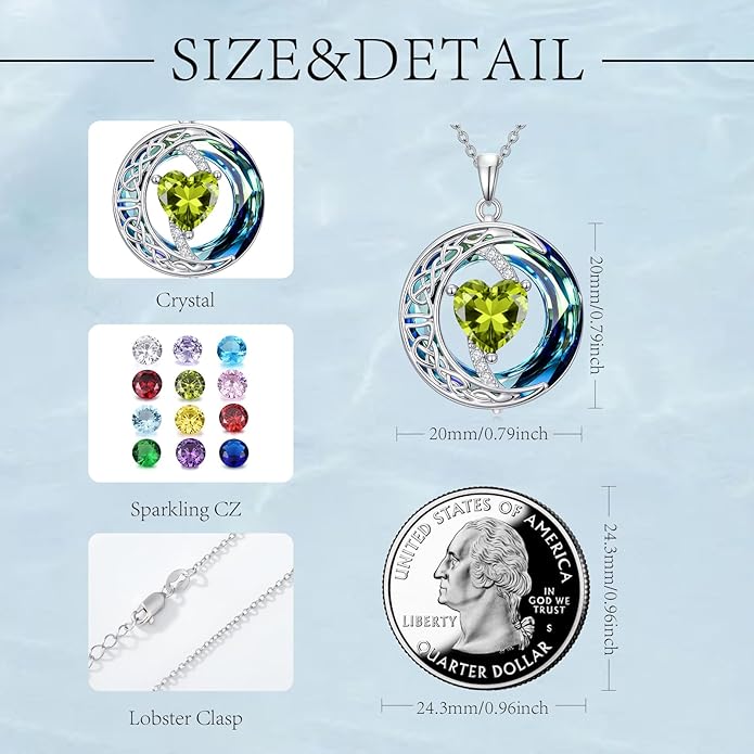 Valentines Day Gifts for Women, Birthstone Necklace for Women, Celtic Moon Pendant Blue Crystal Necklace Heart Jewelry Anniversary Jewelry Gift for Daughter Wife Mother Sister