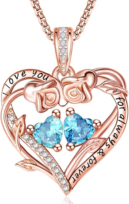 Rose Heart Necklaces for Women, Rose Gold Forever Love Jewelry with 2 Birthstones Pendant,Valentines Anniversarry Birthday Gifts for Her Wife Mom Grandma Daughter, 18+2 Inch Chain