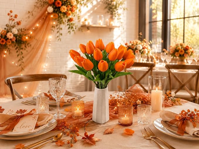 Mandy's 20pcs Artificial Orange Tulips | 13.5 Inch Lifelike PU Tulips Faux - Image 8