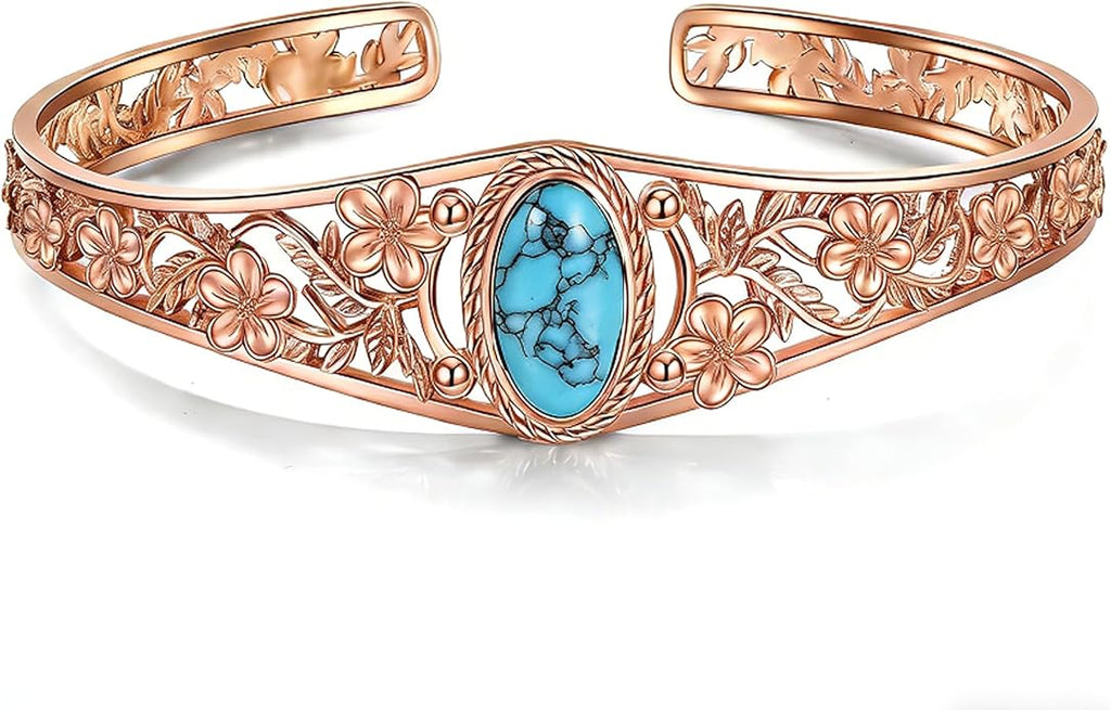 GEHN Bangle 10K 14K 18K Solid Gold Turquoise Bangle Vintage Flower Bracelet Bangle Boho Adjustable Bangle Personalised Jewelry for Women Mother Valentine's, Birthday Gift