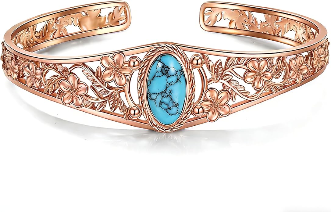 GEHN Bangle 10K 14K 18K Solid Gold Turquoise Bangle Vintage Flower Bracelet Bangle Boho Adjustable Bangle Personalised Jewelry for Women Mother Valentine's, Birthday Gift