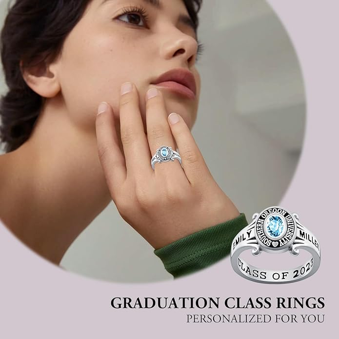Custom Class Ring 925 Sterling Silver Birthstone Customized Personalized High School College University Women's Class Ring Graduation Gifts