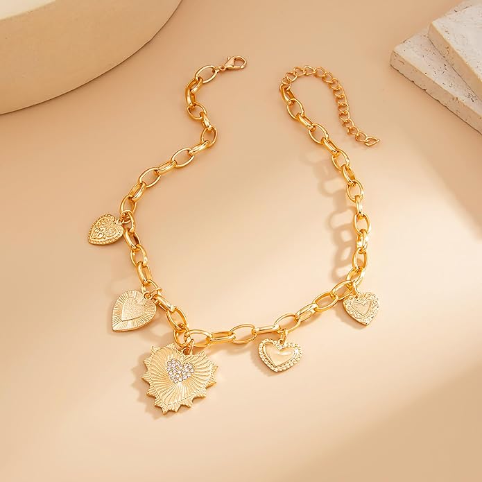 Gold Heart Chunky Charm Necklace for Women with Matching Bracelet, Healing Boho Jewelry Set, Italian Mirror-Polished Alloy, Spiritual Energy Pendant for Meditation, Growth & Inner Strength Gift