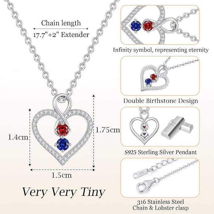 LOUISA SECRET Infinity Double Birthstone Necklace, 925 Sterling Silver Tiny Pendant Heart Necklace for Women Wife Her, Best Jewelry Gift Heart Jewelry Meaningful Gift for Valentine's Day, Christmas, Birthday Anniversary