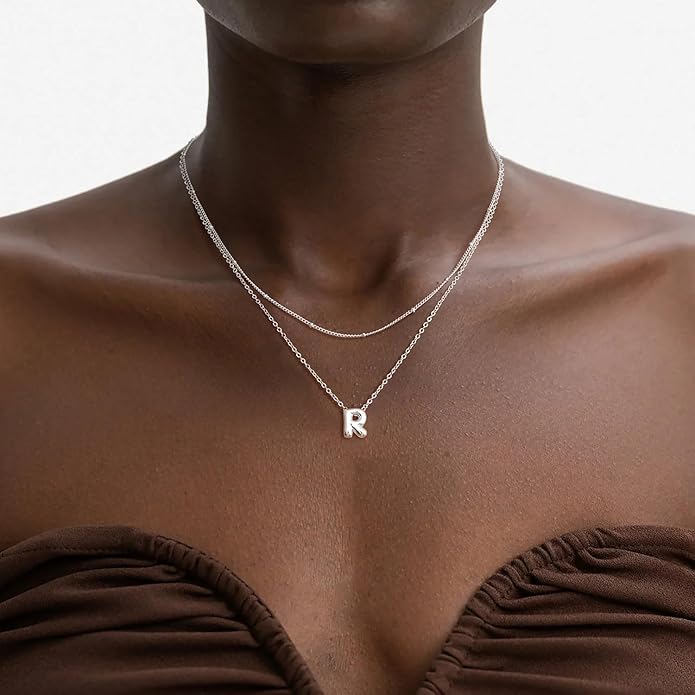 Valentines Day Gifts for Her - Bubble Letter Necklace Layered 14K Gold Plated Initial Necklaces for Women Dainty Cute Choker Pendant Stack Jewelry Fashion Accessories Teen Gift Trendy Stuff