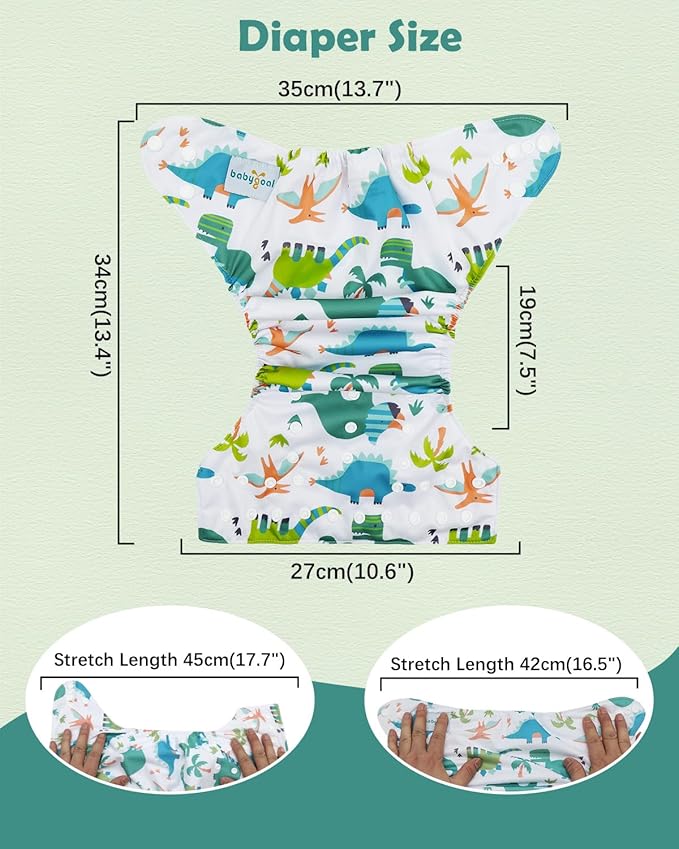 babygoal Dinosaur Cloth Diapers Pack of 13, Baby Reusable Washable Pocket Nappy, 6pcs Diapers+6pcs Rayon from Bamboo Inserts+Wet Bag 6FB16-MB-B