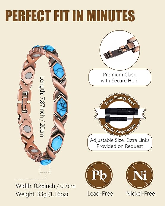 Feraco Pure Copper Bracelets for Women, Ultra Strength Magnetic Bracelet with 3800 Gauss Magnets & Natural Turquoise & Stones, Adjustable, Jewelry Gift