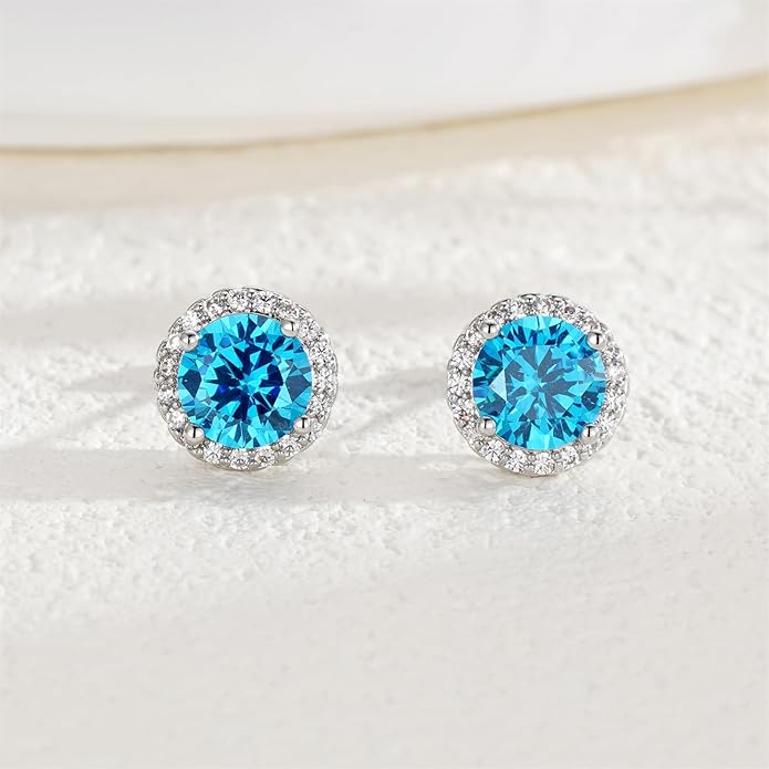 YOMELA Cubic Zirconia Earrings Studs, Halo CZ Birthstone Simulated Diamond Stud Earrings for Women