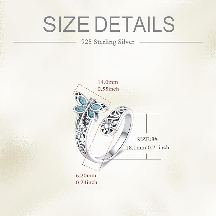 VONALA Dragonfly/Butterfly/Tree of Life/Sunflower Ring for Women 925 Sterling Silver Adjustable Turquoise Ring Flower Antique Jewelry Gifts