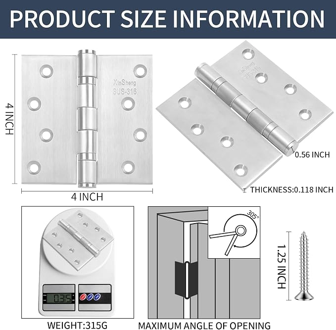 4" 316 Marine Grade Door Hinges XINSheng Heavy Duty Exterior 3 Pack | Ball - Image 3