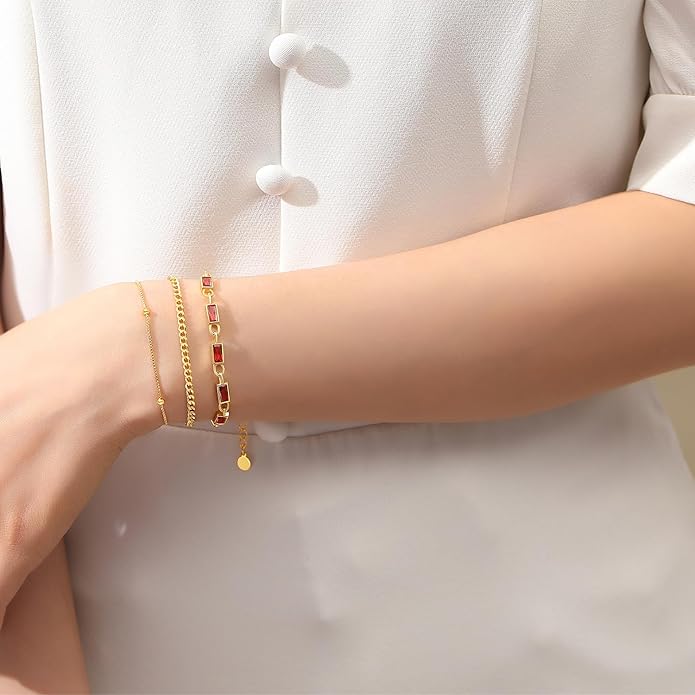 Gold Birthstone Bracelet for Women, 18K Gold Plated Layered Jewelry Bracelet Set, Womens Dainty Stackable Bracelets Link Paperclip Chain Valentines Day Gift for Wife Her