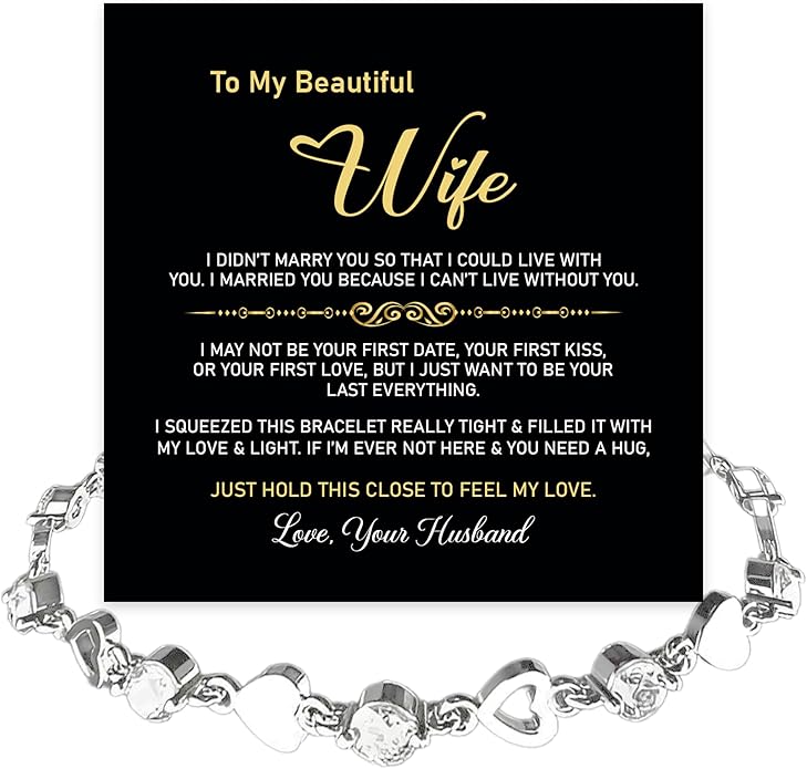 “To My Wife Heart Bracelet – Crystal Heart Link Jewelry Gift with Message Card”.
