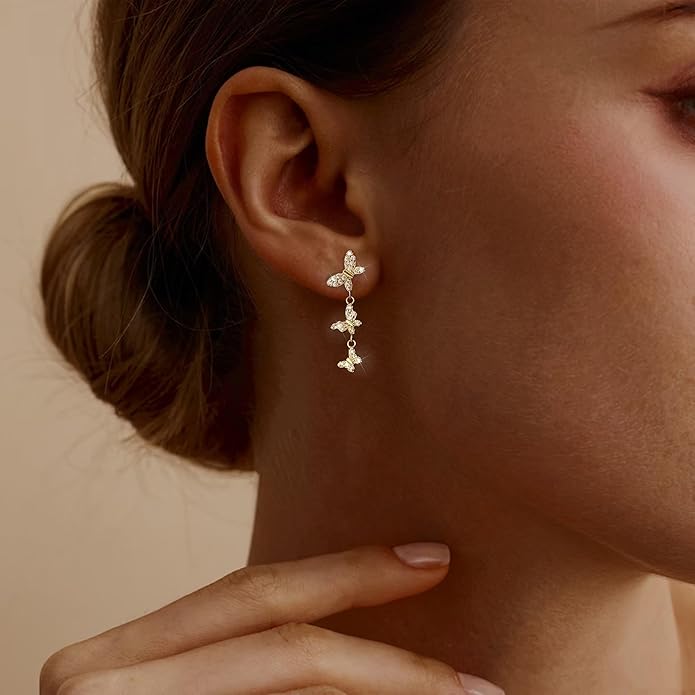 14K Gold Plated Dangle Earrings for Women Dainty Silver Drop Earring Trendy Small Long Dangling Wedding Bridesmaid Hoop Diamond Crystal Cute Earring Jewelry Valentine Gifts