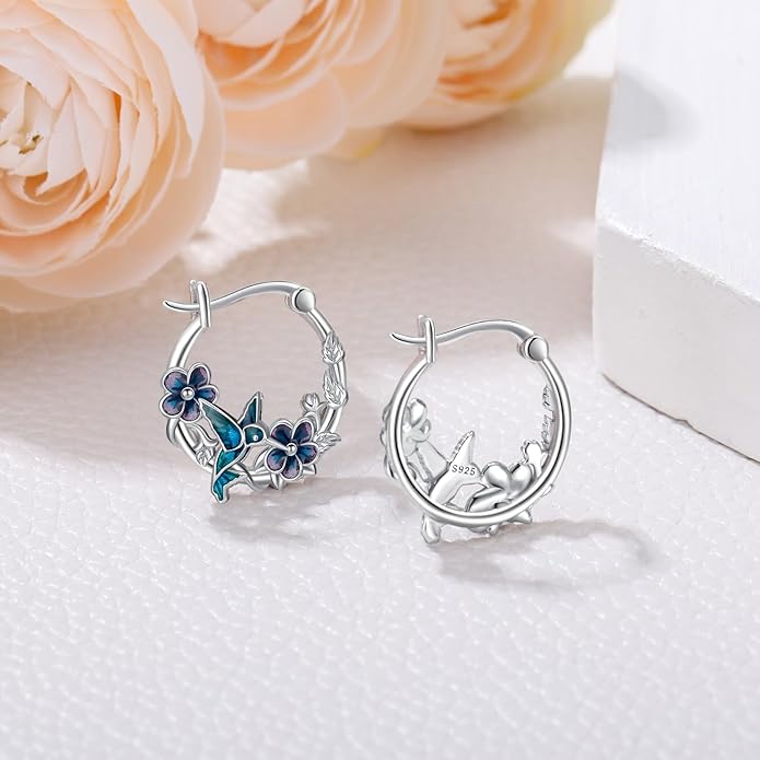 JUSTKIDSTOY Hypoallergenic Panda/Unicorn/Hummingbird/Dolphin Hoop Earrings for Women 925 Sterling Silver Animal Huggie Hoop Earrings Jewelry Gifts for Sensitive Ears