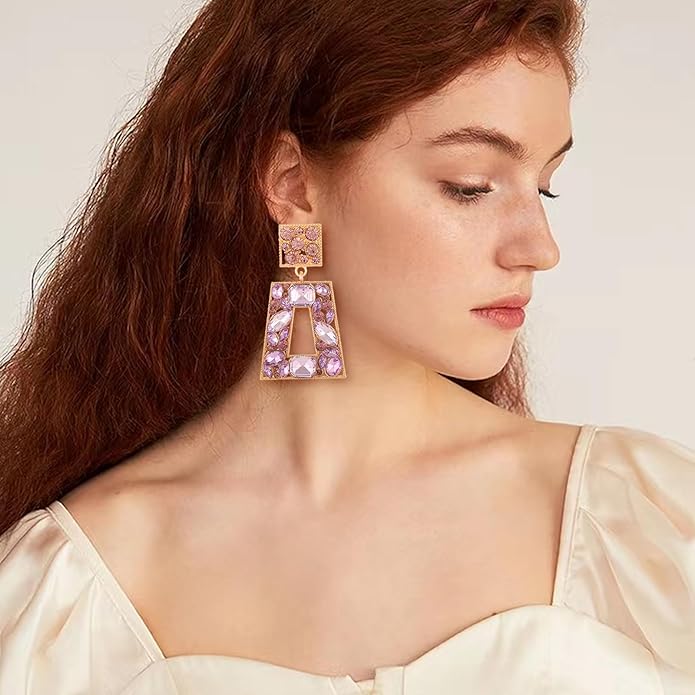 Rhinestone Rectangle Statement Earrings Colorful Crystal Geometric Drop Dangle Earrings for Women Prom Party