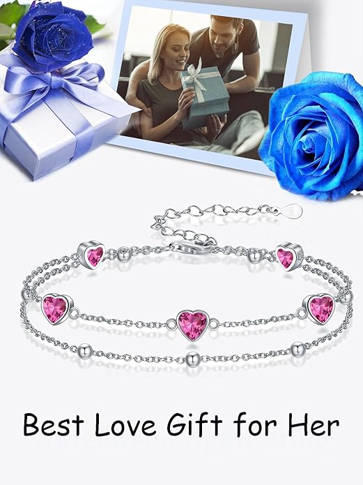 Birthstone Anklet/Bracelets for Women 925 Sterling Silver Charm Link Double Strand Heart Birthstone Jewelry Gift for Wife Women Mother's Day Gift