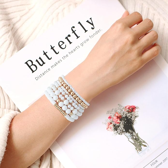 GOOJIDS Surfer Heishi Clay Bead Bracelets for Women Bohemian Stackable Gold Plated Beaded Stretch Bracelets Elastic Layering Friendship Bracelets Set Boho Jewelry