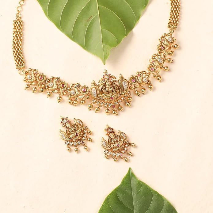 TARINIKA Brass Indian Choker Necklace Set - Gold Plated Cubic Zirconia Indian Jewelry Sets for Women Dangle, Drop, Jhumka Earrings Traditional Desi Necklace Pearls Gift for her