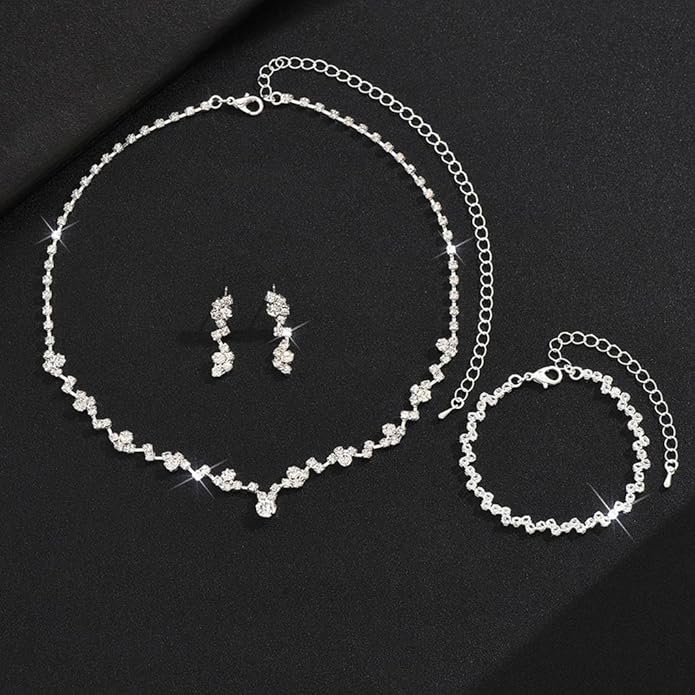 Bling Silver Jewelry Set for Women Trendy Wedding Jewelry Sets for Brides Sparkly Cubic Zirconia Necklace Earring Sets for Women Prom Accessories
