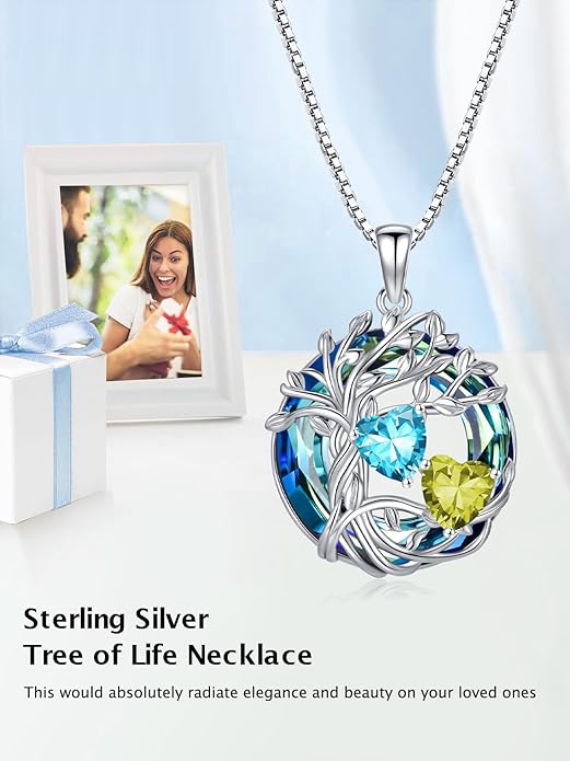 TOUPOP s925 Sterling Silver Family Celtic Tree of Life Pendant Necklaces with 2 Heart Birthstone with Blue Austrian Crystal Jewelry Birthday Valentines Day Gifts for Her, Anniversary Christmas Gifts for Wife Girlfriend Mom (18K Real White Gold Filled)