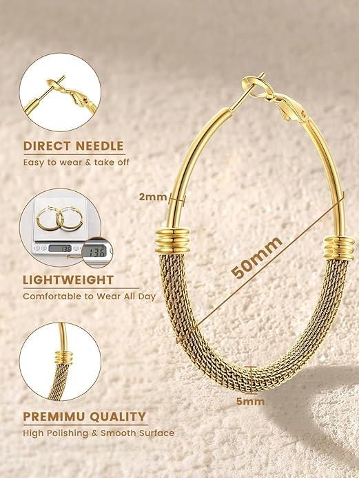 KeyStyle Mesh Hoop Earrings for Women, Stainless Steel Gold Hoops Earring Lightweight Loops, 2MM Thick Hypoallergenic Circle Endless Hollow Hoop 20mm-80mm