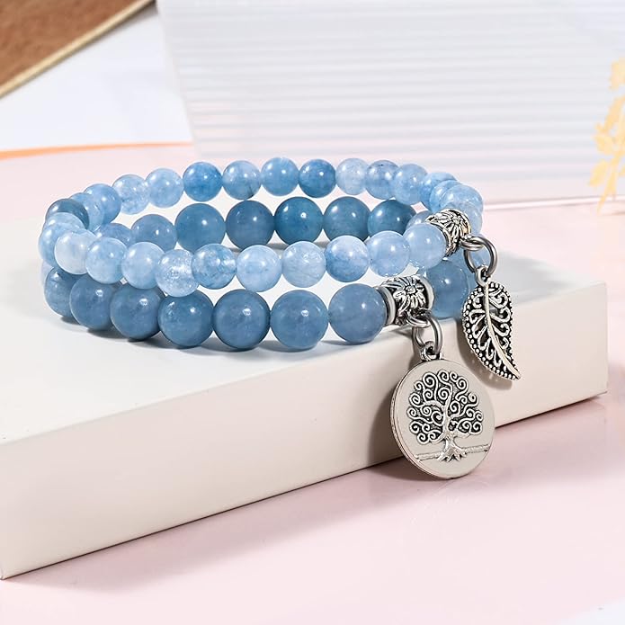 Bivei Natural Semi Precious Gemstone beads bracelet for women - Life Tree and Leaf Charm Energy Reiki Crystal Stretch Bracelets