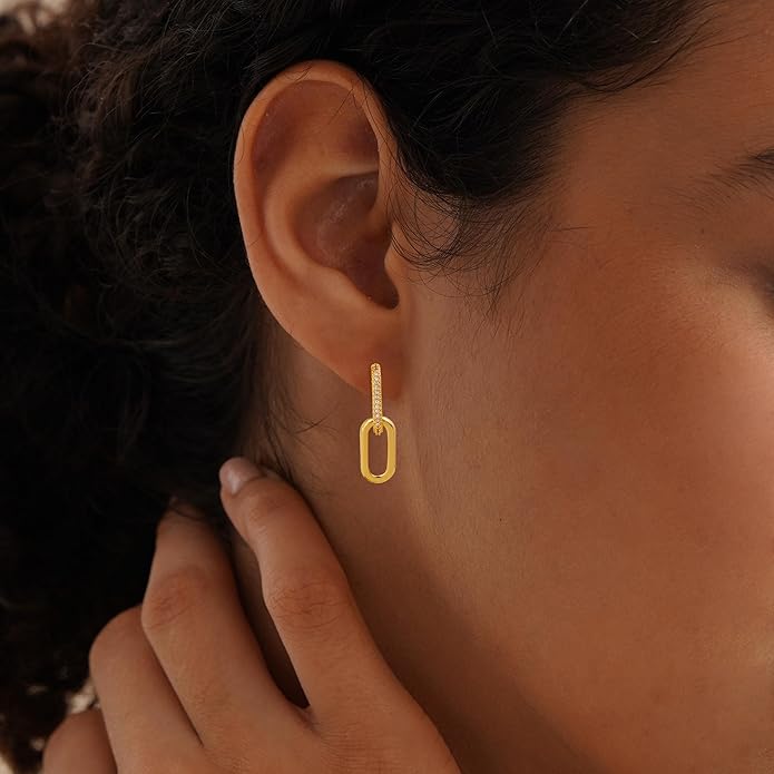 Gold Earrings for Women Trendy, Simple Dainty 14K Gold Plated Paperclip Square Chain Link Dangle Hoops Earrings Pin Stud Huggie Earrings Lightweight Hypoallergenic Minimalist Aesthetic Gold Jewelry for Christmas Gifts