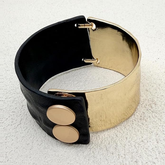 Leather Bracelet for Women Black Leather Golden Bracelet Bangle Chunky Leather Wrap Bracelet for Women Statement Jewelry Gift