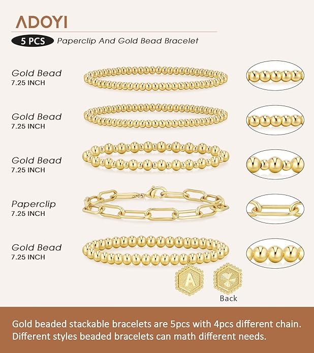 adoyi Valentines Day Gifts for Her Gold Bracelets for Women Waterproof, 14K Gold Plated Beaded Strand Bead Ball Bracelets stack Adjustable Jewelry Set for Gifts