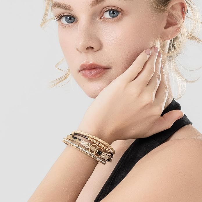 FANCY SHINY Boho Leather Wrap Bracelet Stackable Infinity Chunky Cuff Bracelets Western Hippie Outfits Jewelry Valentine Gifts for Women