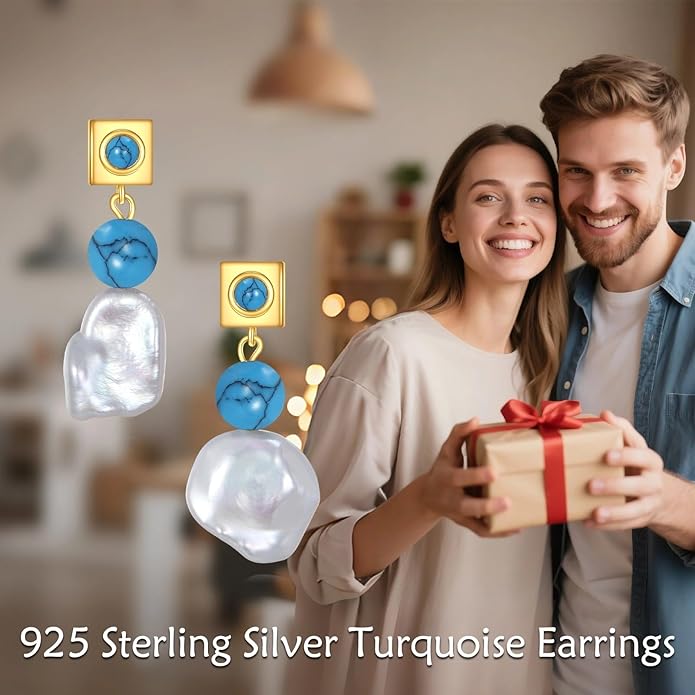 Turquoise Dangle Earrings 14K Gold Plated Sterling Silver Boho Earrings with Cultured Pearl Drop Jewelry Gift for Women
