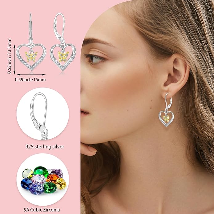 Butterfly Birthstone Heart Dangle Drop Earrings, 925 Strlings Silver 5A Cubic Zircon Leverback Earrings Jewelry Anniversary Birthday Gifts for Women