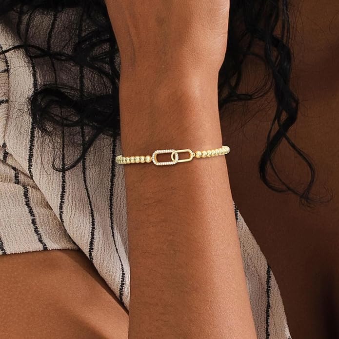 Gold Bracelets for Women 14K Gold Plated Bead Bracelet Hypoallergenic Stretch Bracelets for Women Elastic Bracelet Trendy Teen Gift Dainty Jewelry for Women