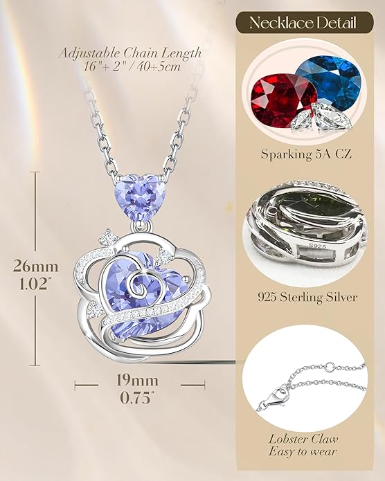 FANCIME Thornless Pulse Heart Birthstone Necklace for Women Sterling Silver Rose Pendant Fine Jewelry Gemstone Birthday Valentines Day Gifts for Wife Her