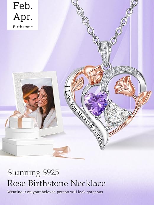 Valentine's Day Gifts for Wife 925 Sterling Silver Double Birthstone Pendant Necklaces I Love You for Always and Forever Necklace Anniversary Birthday Gifts for Wife Girlfriend Mom Her