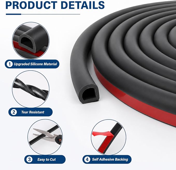 Silicone D Shape Weather Stripping Rubber Seal, 40FT Self Adhesive Weather - Image 3