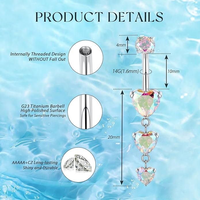 GAGABODY G23 Titanium Belly Button Ring Dangle Belly Rings Belly Piercing Jewelry 14G 3/8 inch 10mm Navel Barbell CZ Navel Piercing Ring