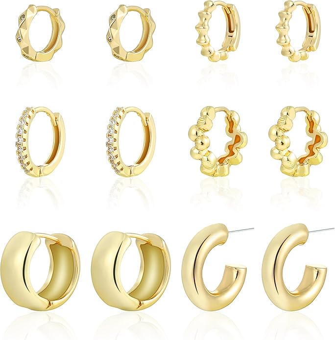 6 Pairs Gold Hoop Earrings Set for Women, 14K Gold Plated Small Huggie Hoops Earrings Hypoallergenic, Lightweight Tiny Cartilage Piercings Earrings Jewelry for Women Gifts.