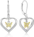 Butterfly Birthstone Heart Dangle Drop Earrings, 925 Strlings Silver 5A Cubic Zircon Leverback Earrings Jewelry Anniversary Birthday Gifts for Women