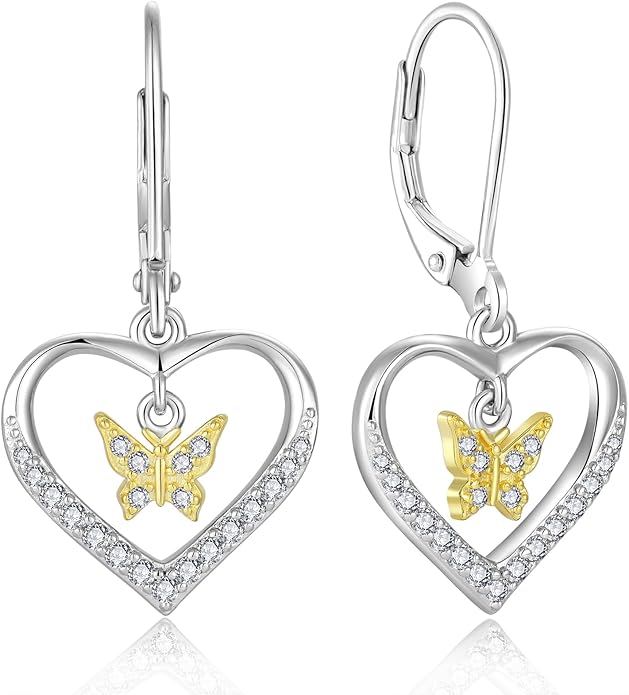 Butterfly Birthstone Heart Dangle Drop Earrings, 925 Strlings Silver 5A Cubic Zircon Leverback Earrings Jewelry Anniversary Birthday Gifts for Women